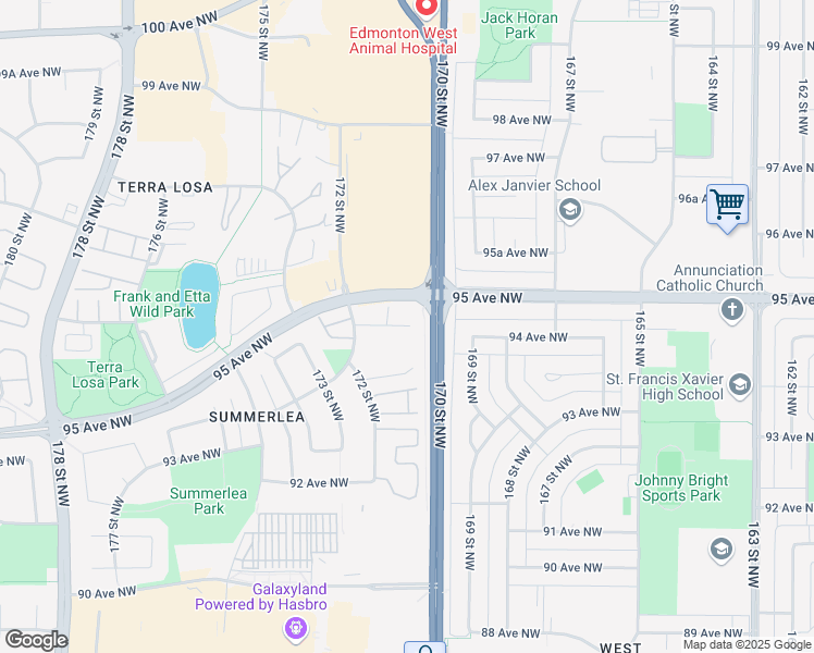 map of restaurants, bars, coffee shops, grocery stores, and more near 17103 94A Avenue Northwest in Edmonton