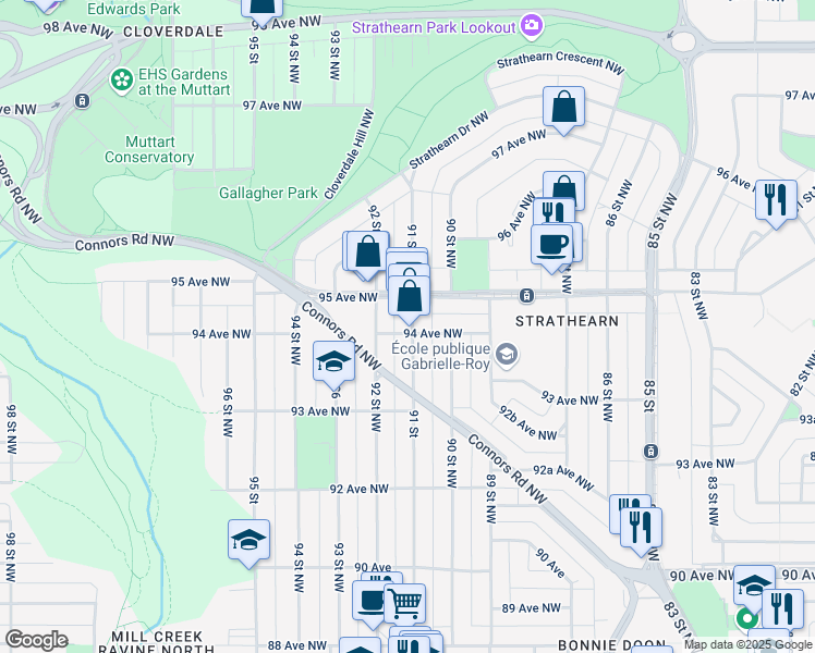 map of restaurants, bars, coffee shops, grocery stores, and more near 9402 91 Street Northwest in Edmonton