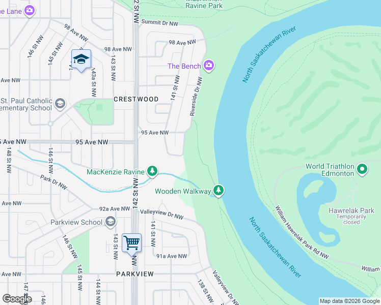 map of restaurants, bars, coffee shops, grocery stores, and more near 26 Riverside Crescent Northwest in Edmonton