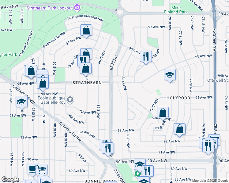 map of restaurants, bars, coffee shops, grocery stores, and more near 9375A 85 Street Northwest in Edmonton