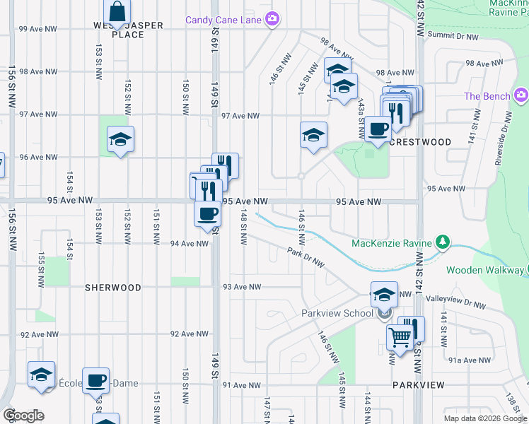 map of restaurants, bars, coffee shops, grocery stores, and more near 14720 Park Drive Northwest in Edmonton