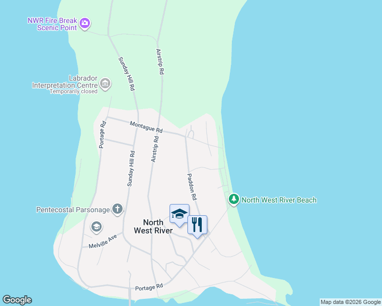 map of restaurants, bars, coffee shops, grocery stores, and more near 24 Paddon Road in North West River