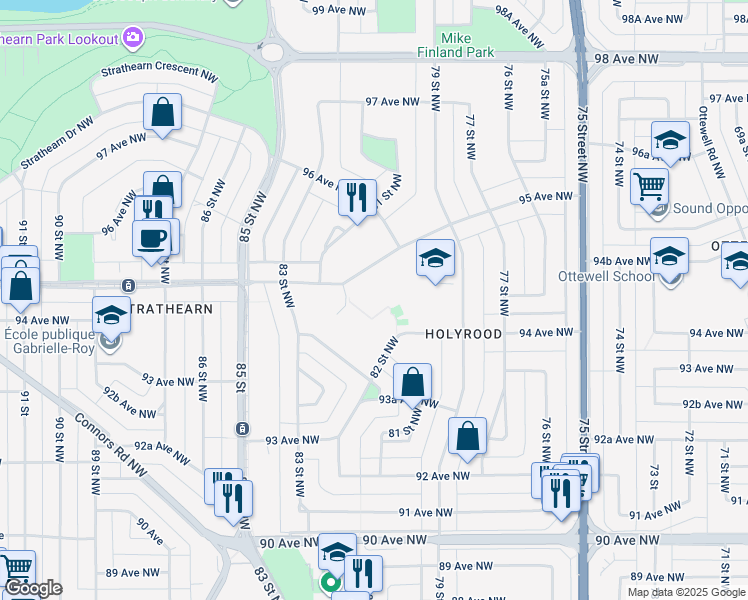 map of restaurants, bars, coffee shops, grocery stores, and more near 9411 Holyrood Road Northwest in Edmonton