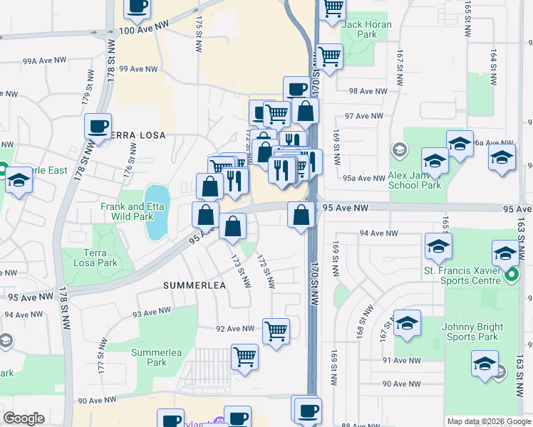 map of restaurants, bars, coffee shops, grocery stores, and more near 9516 170 Street Northwest in Edmonton