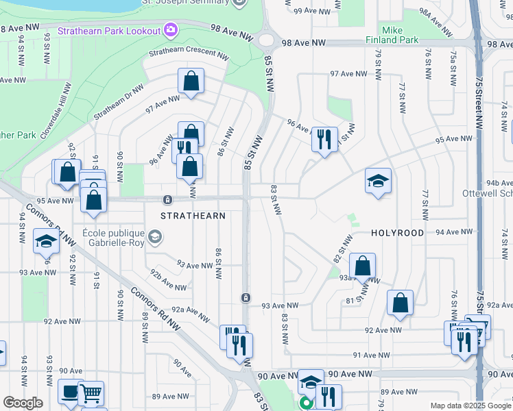 map of restaurants, bars, coffee shops, grocery stores, and more near 8423 95 Avenue Northwest in Edmonton