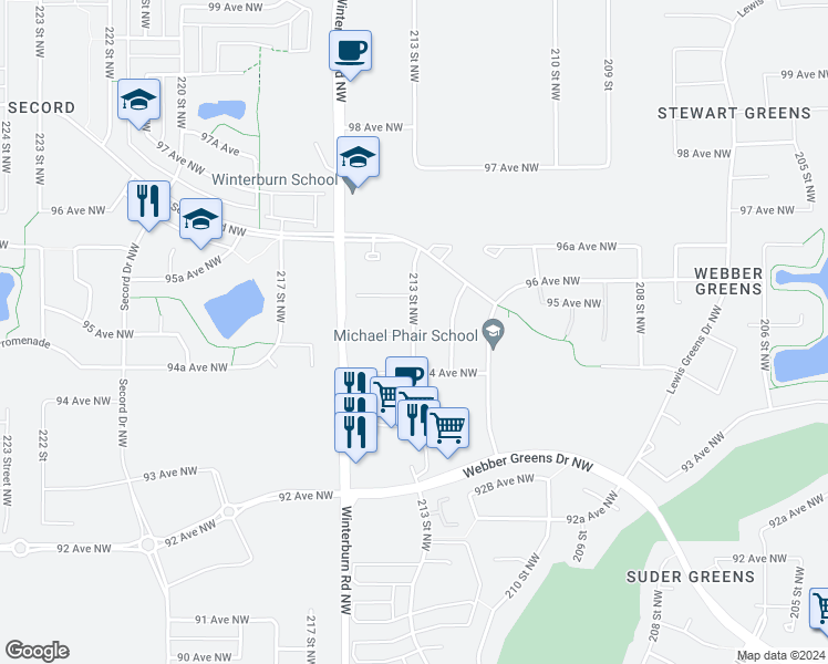 map of restaurants, bars, coffee shops, grocery stores, and more near 9403 213 Street Northwest in Edmonton