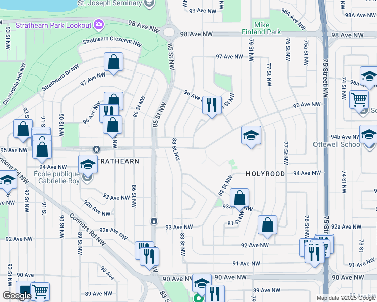 map of restaurants, bars, coffee shops, grocery stores, and more near 9505 81 Street Northwest in Edmonton