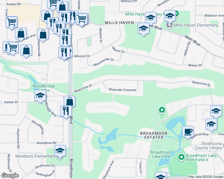 map of restaurants, bars, coffee shops, grocery stores, and more near 10 Braeside Crescent in Sherwood Park