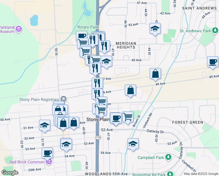 map of restaurants, bars, coffee shops, grocery stores, and more near 4701 49 Avenue in Stony Plain