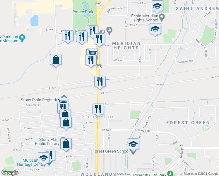 map of restaurants, bars, coffee shops, grocery stores, and more near 4701 49 Avenue in Stony Plain