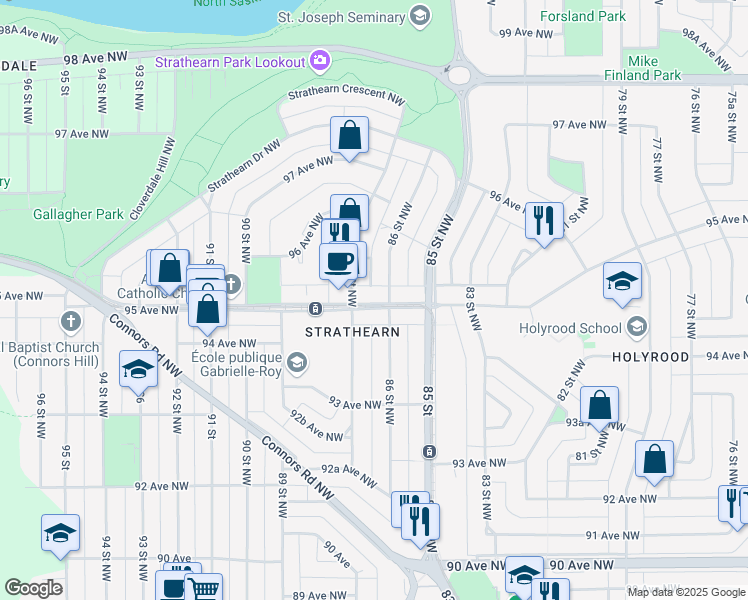 map of restaurants, bars, coffee shops, grocery stores, and more near 8610 95 Avenue Northwest in Edmonton