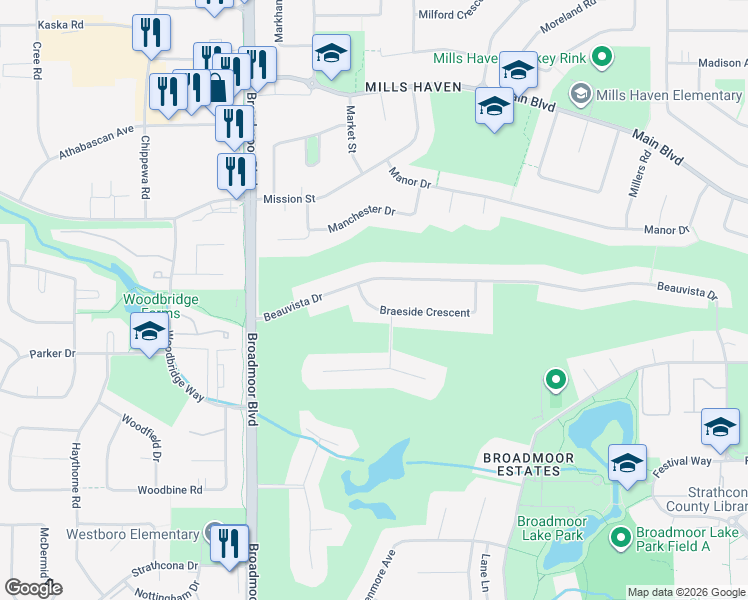 map of restaurants, bars, coffee shops, grocery stores, and more near 10 Braeside Crescent in Sherwood Park