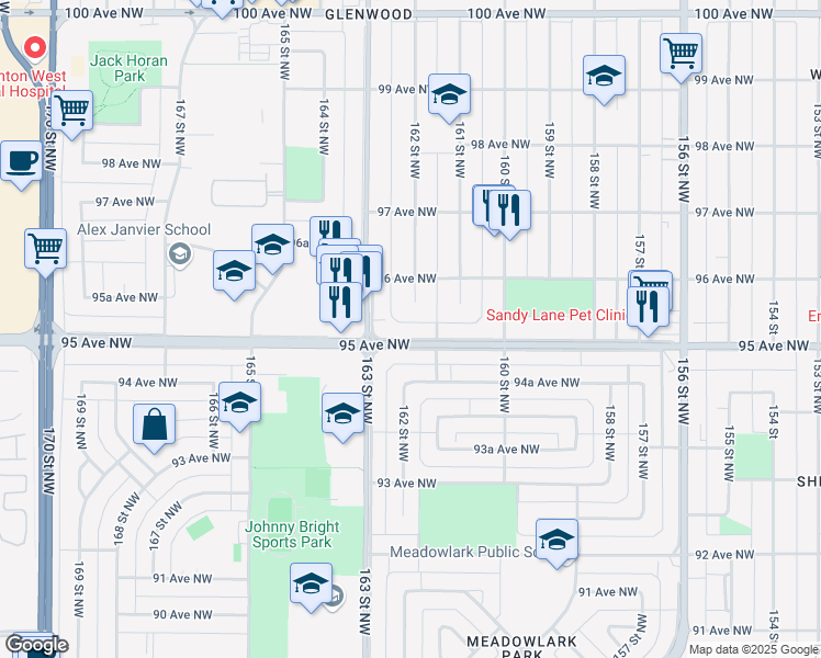 map of restaurants, bars, coffee shops, grocery stores, and more near 16050 95 Avenue Northwest in Edmonton