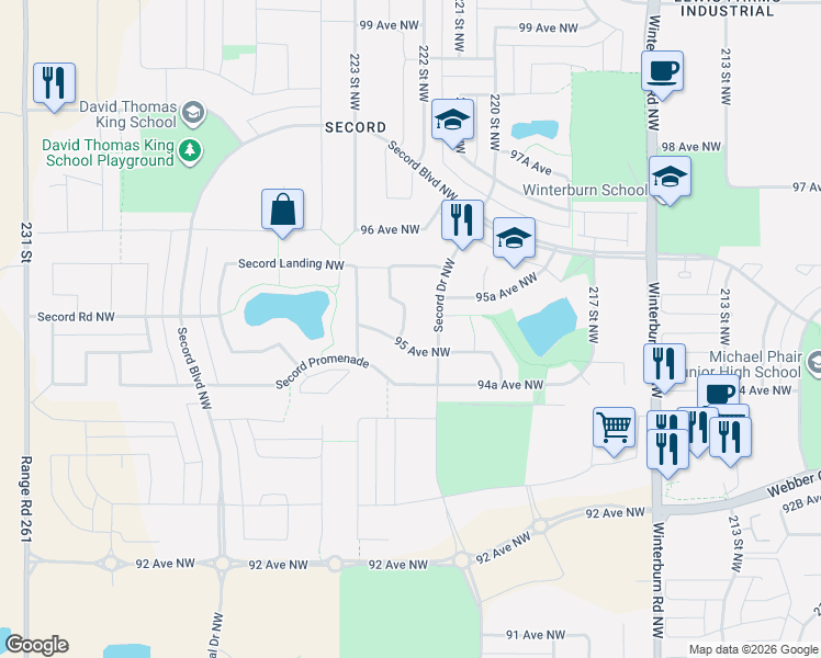 map of restaurants, bars, coffee shops, grocery stores, and more near 9515 221 Street Northwest in Edmonton