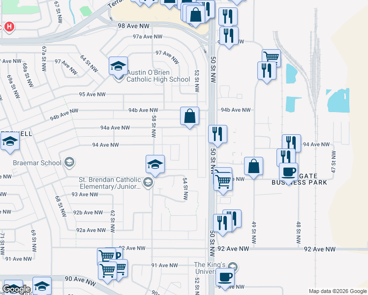 map of restaurants, bars, coffee shops, grocery stores, and more near 9355 54 Street Northwest in Edmonton