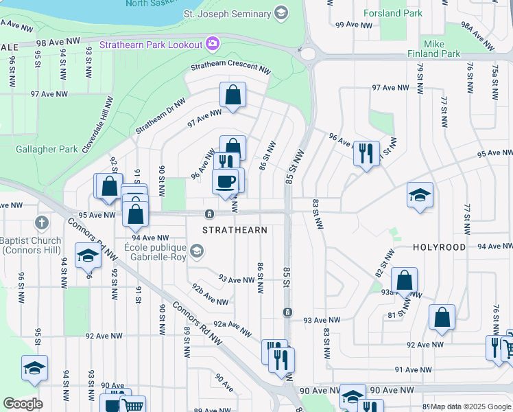 map of restaurants, bars, coffee shops, grocery stores, and more near 8610 95 Avenue Northwest in Edmonton
