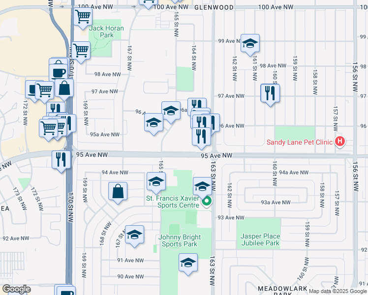 map of restaurants, bars, coffee shops, grocery stores, and more near 16420 95 Avenue Northwest in Edmonton