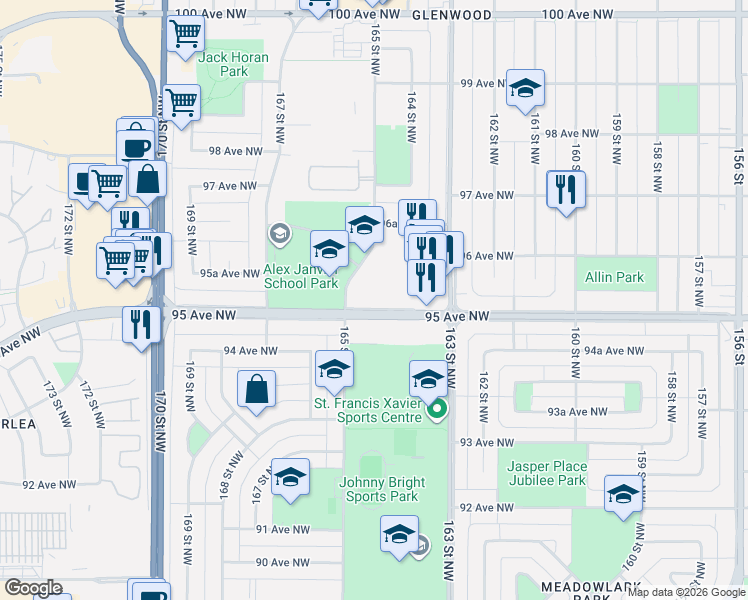 map of restaurants, bars, coffee shops, grocery stores, and more near 16420 95 Avenue Northwest in Edmonton