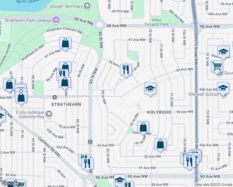 map of restaurants, bars, coffee shops, grocery stores, and more near 9505 81 Street Northwest in Edmonton
