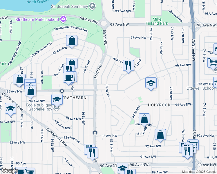 map of restaurants, bars, coffee shops, grocery stores, and more near 9503 83 Street Northwest in Edmonton