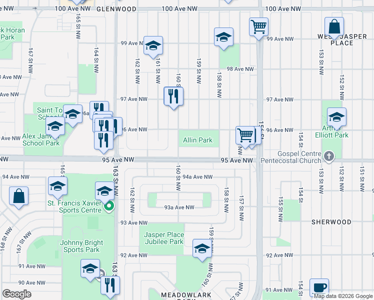 map of restaurants, bars, coffee shops, grocery stores, and more near 15916 95 Avenue Northwest in Edmonton
