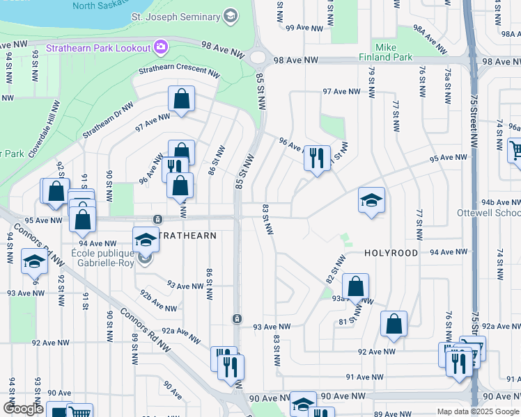 map of restaurants, bars, coffee shops, grocery stores, and more near 9503 83 Street Northwest in Edmonton