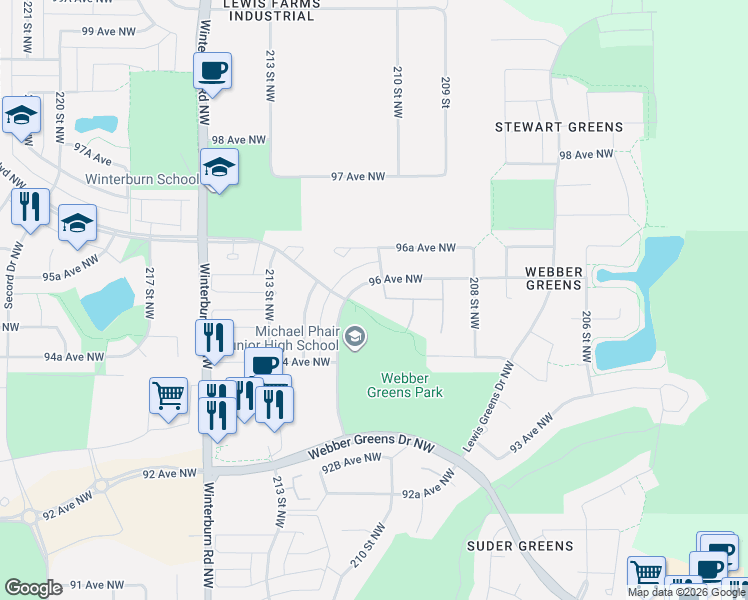 map of restaurants, bars, coffee shops, grocery stores, and more near 9506 210 Street Northwest in Edmonton