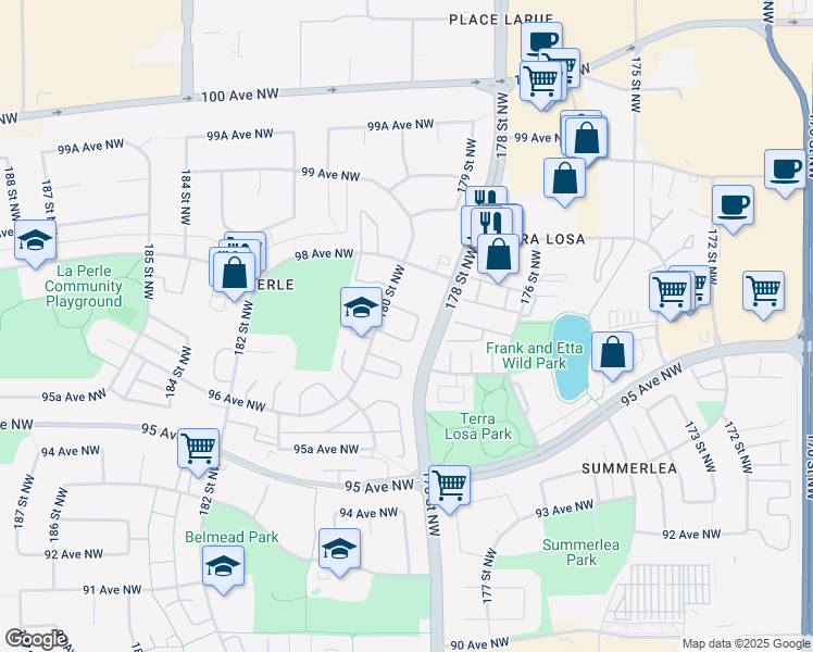 map of restaurants, bars, coffee shops, grocery stores, and more near 9633 C 180 Street Northwest in Edmonton