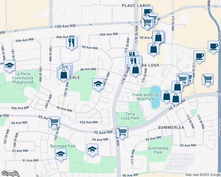 map of restaurants, bars, coffee shops, grocery stores, and more near 9633 C 180 Street Northwest in Edmonton