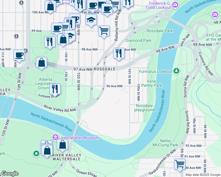 map of restaurants, bars, coffee shops, grocery stores, and more near 10233 96 Avenue Northwest in Edmonton