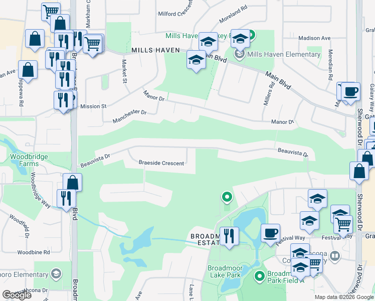 map of restaurants, bars, coffee shops, grocery stores, and more near 41 Braeside Crescent in Sherwood Park