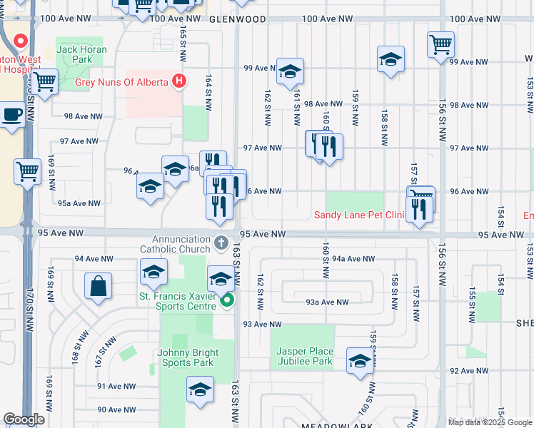 map of restaurants, bars, coffee shops, grocery stores, and more near 16050 95 Avenue Northwest in Edmonton