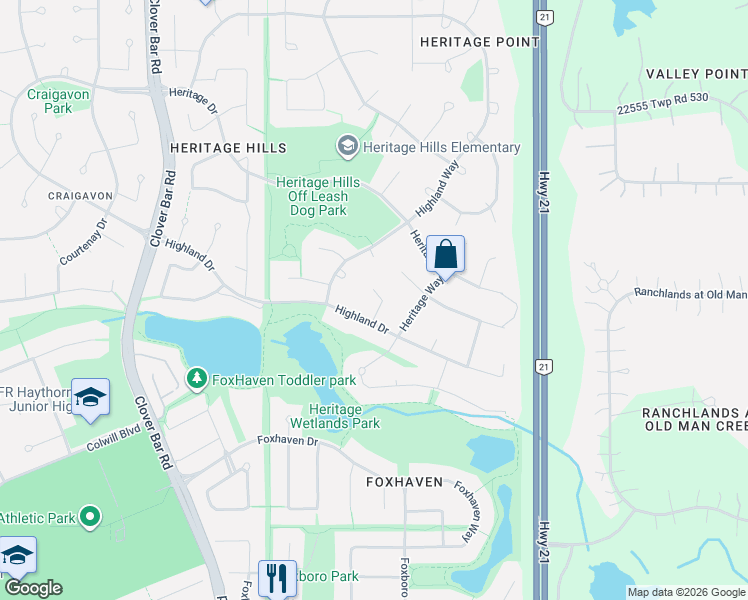 map of restaurants, bars, coffee shops, grocery stores, and more near 520 Highland Drive in Sherwood Park