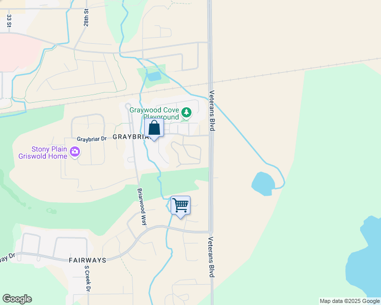 map of restaurants, bars, coffee shops, grocery stores, and more near 100 Graybriar Drive in Stony Plain