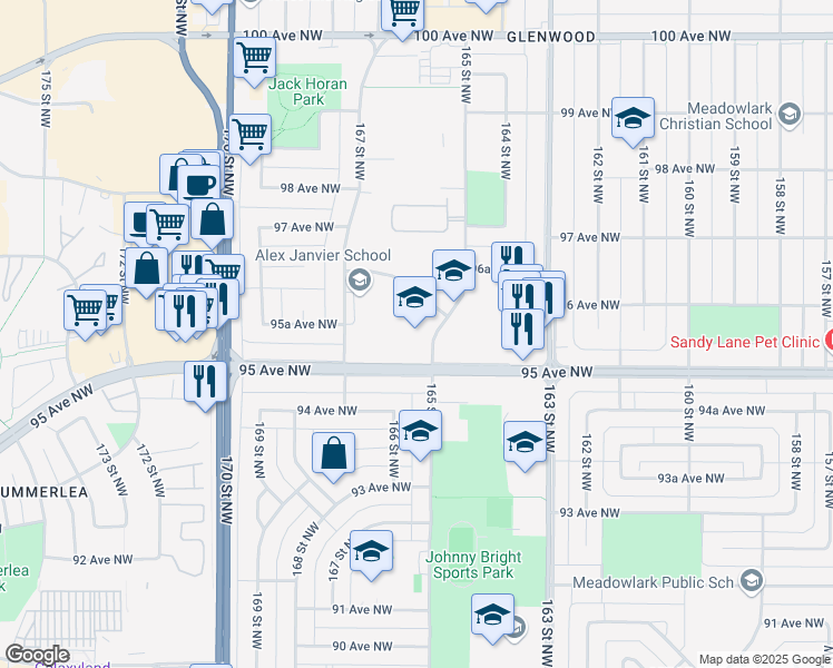 map of restaurants, bars, coffee shops, grocery stores, and more near 9520 165 Street Northwest in Edmonton