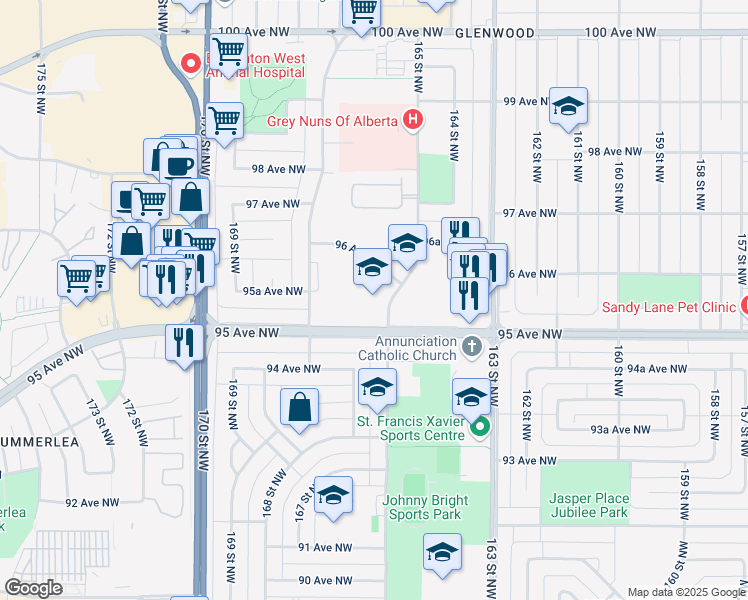 map of restaurants, bars, coffee shops, grocery stores, and more near 9520 165 Street Northwest in Edmonton