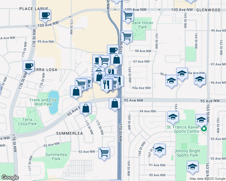 map of restaurants, bars, coffee shops, grocery stores, and more near 9516 170 Street Northwest in Edmonton
