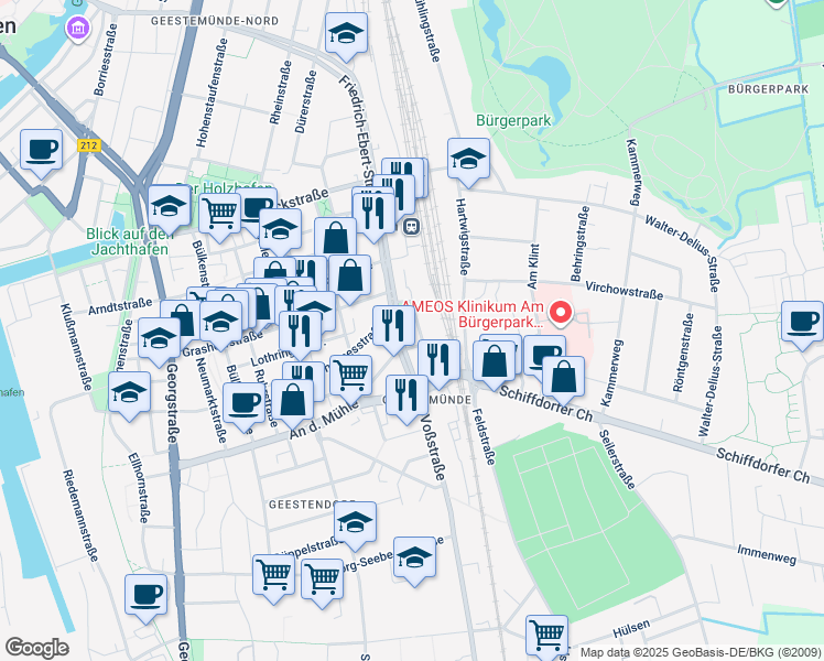 map of restaurants, bars, coffee shops, grocery stores, and more near 4 Elsässer Straße in Bremerhaven