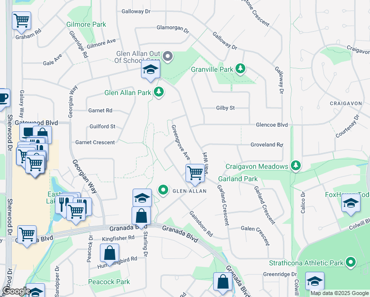 map of restaurants, bars, coffee shops, grocery stores, and more near 123 Greengrove Avenue in Sherwood Park