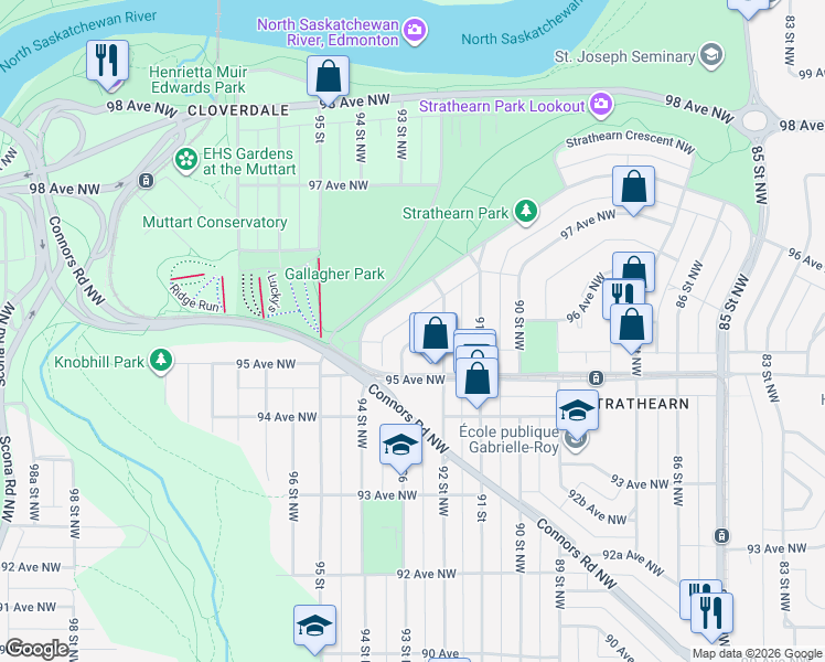 map of restaurants, bars, coffee shops, grocery stores, and more near in Edmonton