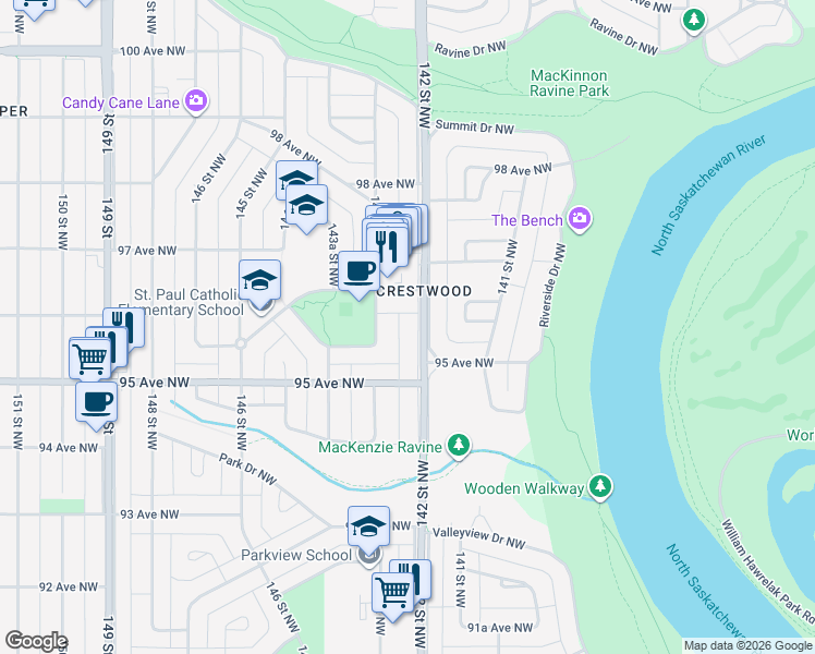 map of restaurants, bars, coffee shops, grocery stores, and more near 9648 142 Street Northwest in Edmonton