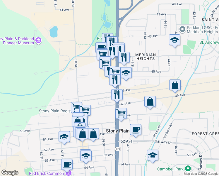 map of restaurants, bars, coffee shops, grocery stores, and more near 4620 48 Street in Stony Plain