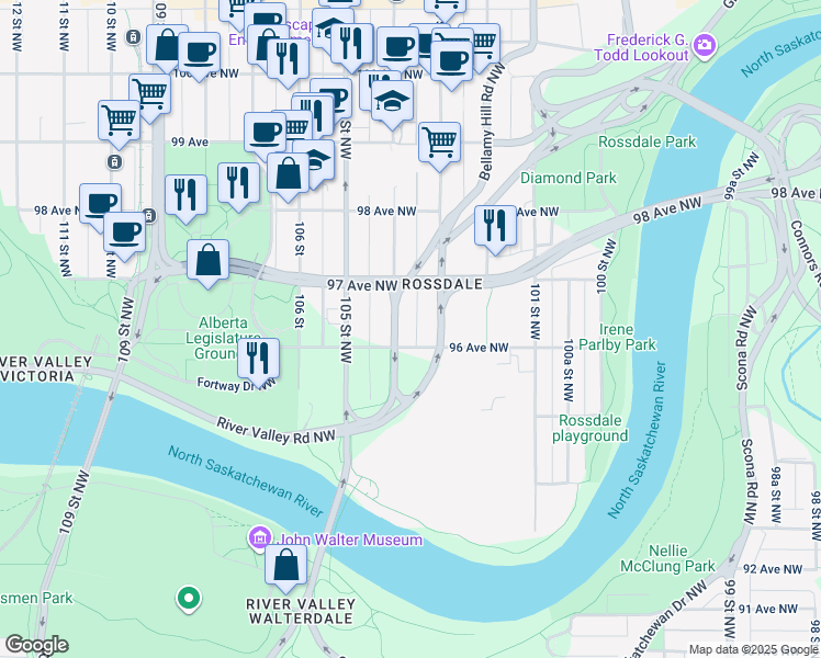 map of restaurants, bars, coffee shops, grocery stores, and more near 9645 104 Street Northwest in Edmonton