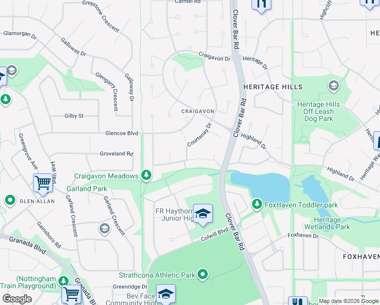 map of restaurants, bars, coffee shops, grocery stores, and more near 69 Courtenay Drive in Sherwood Park