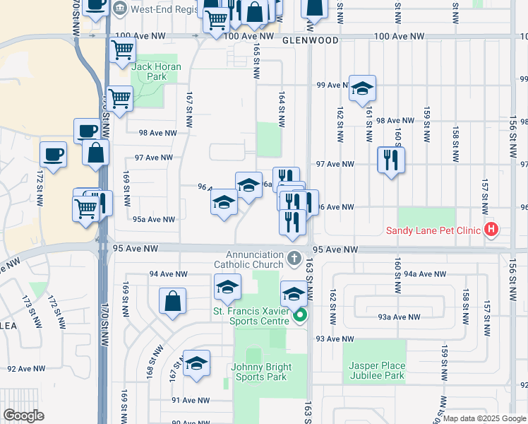 map of restaurants, bars, coffee shops, grocery stores, and more near 9535 165 Street Northwest in Edmonton