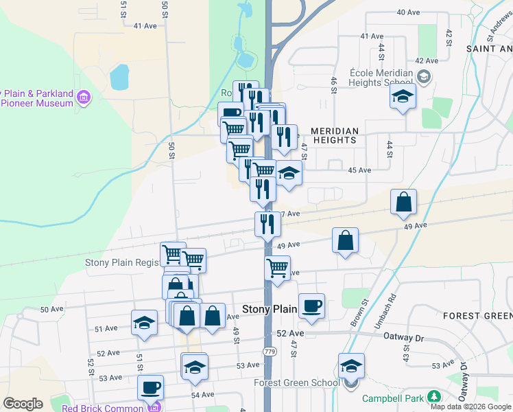 map of restaurants, bars, coffee shops, grocery stores, and more near 4620 48 Street in Stony Plain