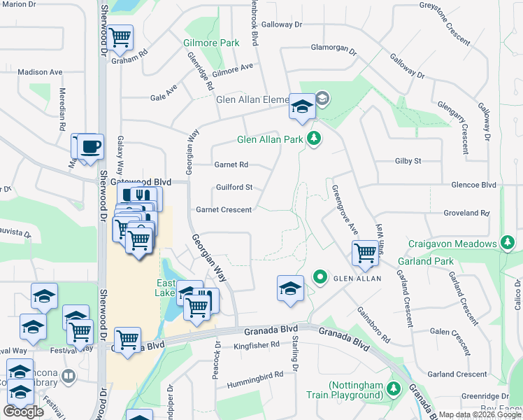 map of restaurants, bars, coffee shops, grocery stores, and more near 33 Guilford Street in Sherwood Park