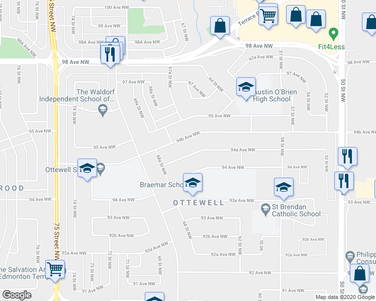 map of restaurants, bars, coffee shops, grocery stores, and more near in Edmonton