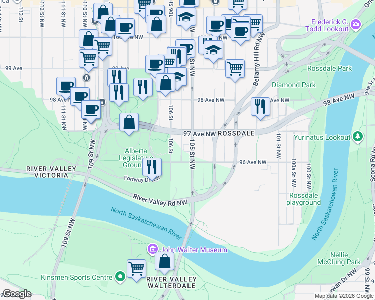 map of restaurants, bars, coffee shops, grocery stores, and more near 9624 105 Street Northwest in Edmonton