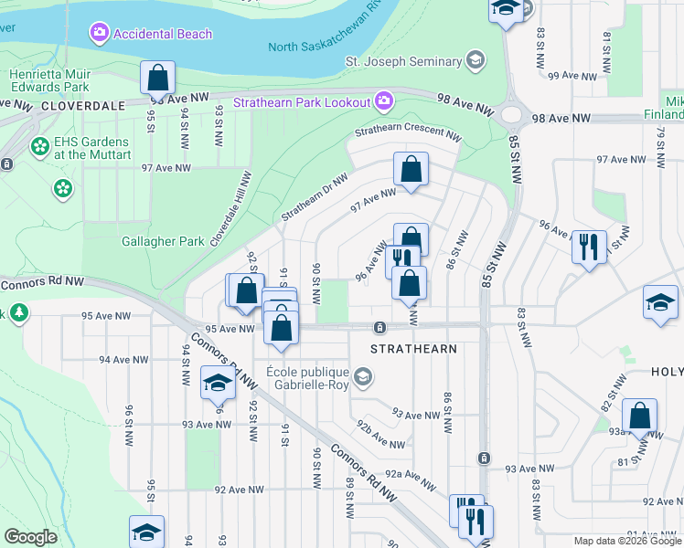 map of restaurants, bars, coffee shops, grocery stores, and more near 8768 96 Avenue Northwest in Edmonton
